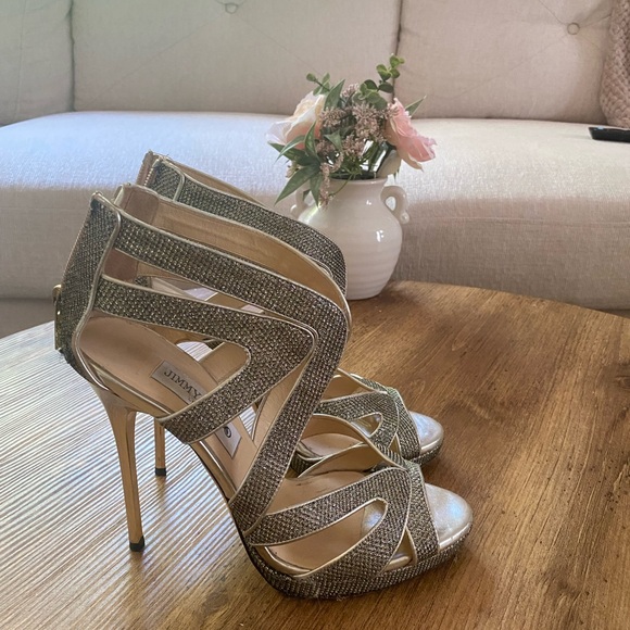 Jimmy Choo Lame Glitter Light Bronze High Heel Sandal - Picture 1 of 8